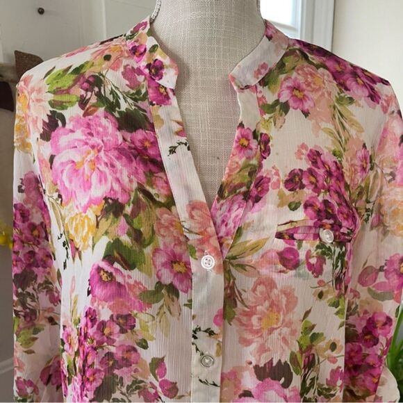 Kut From The Kloth Pink Foral Rose Printed Semi-Sheer Women's Top Blouse(Size M) - Picture 3 of 12